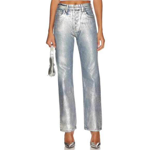 EB Denim Metallic Silver Blue High Rise Straight Leg Jeans - Picture 2 of 8
